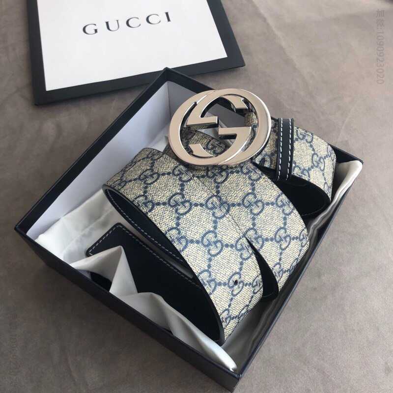 Gucci古驰精品双G互扣式金属扣男士乌木色PVC腰带4厘米