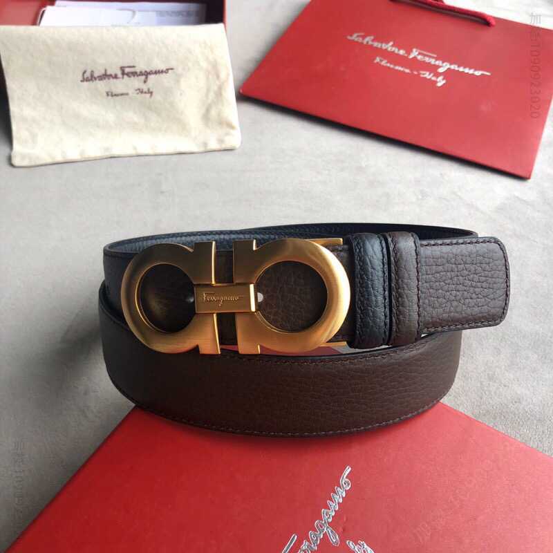 SalvatoreFerragamo菲拉格慕男士3.5cm经典金属夹扣，进口头层牛皮荔枝腰带