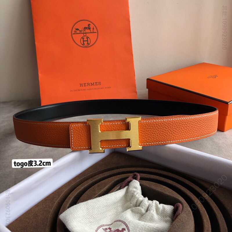 Hermes爱马仕 H焊点拉丝金色/钯扣，进口togo皮小牛皮腰带3.2cm