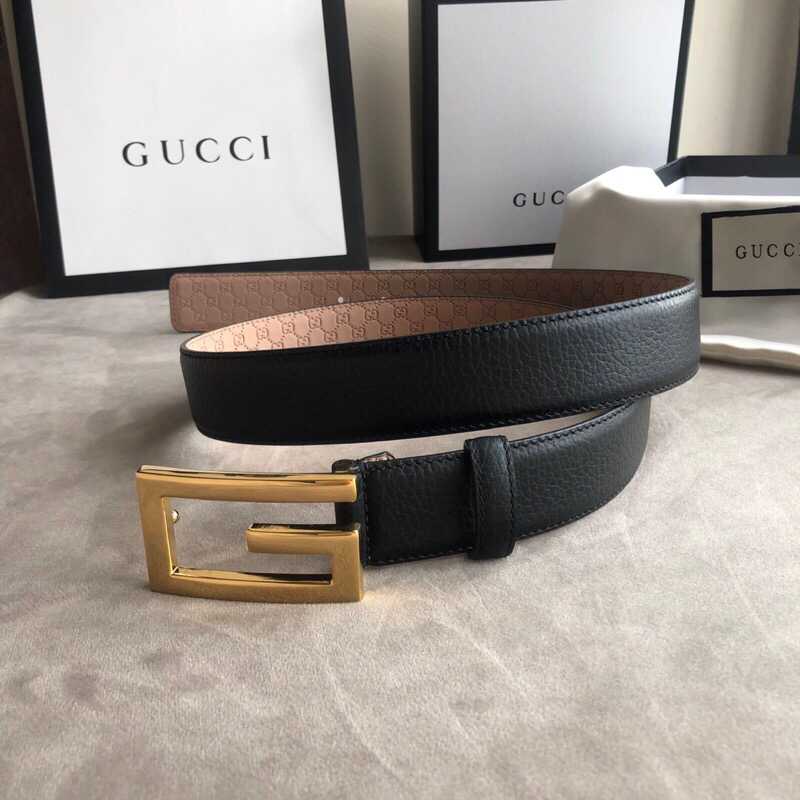 Gucci古驰新款3.5cm男女同款全皮黑色金扣银扣GG腰带