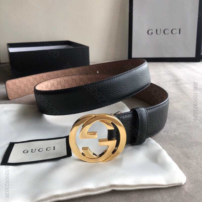 Gucci古驰新款3.5cm男女同款全皮黑色金扣银扣GG腰带