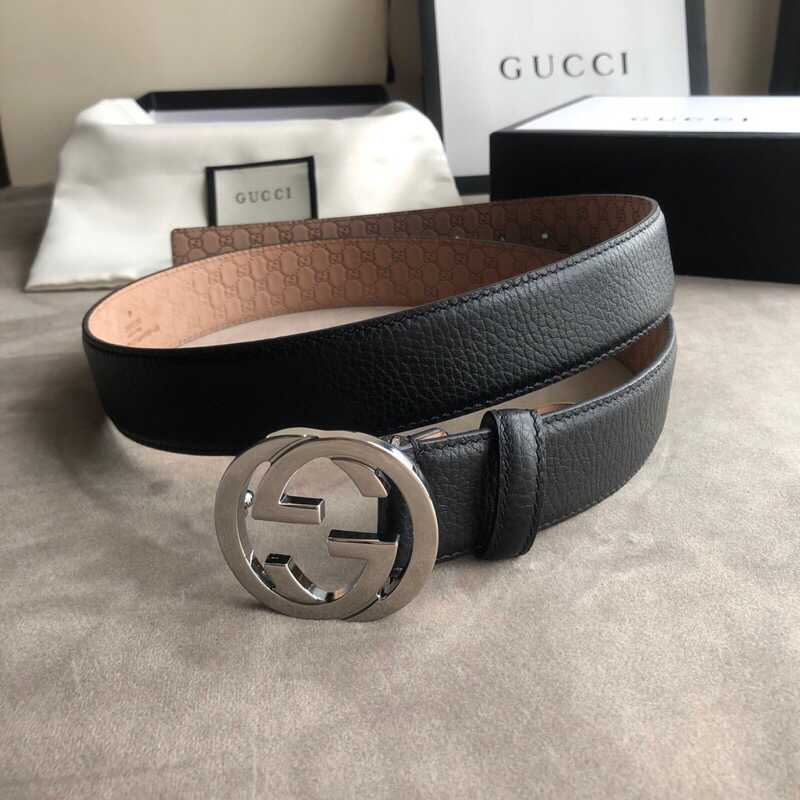 Gucci古驰新款3.5cm男女同款全皮黑色金扣银扣GG腰带