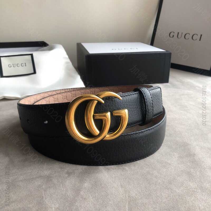 Gucci古驰新款3.5cm男女同款全皮黑色金扣银扣GG腰带