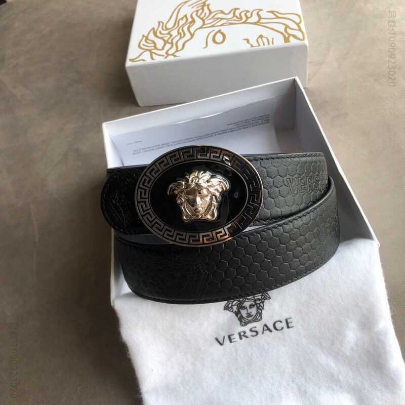 VERSACE范思哲男士黑色头层牛皮美杜莎标志腰带3.8cm