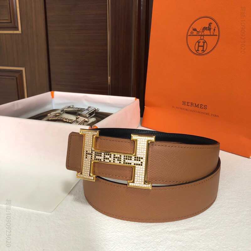 Hermes爱马仕 男款3.8cm精钢h镶嵌满钻金属扣手掌纹原版皮腰带