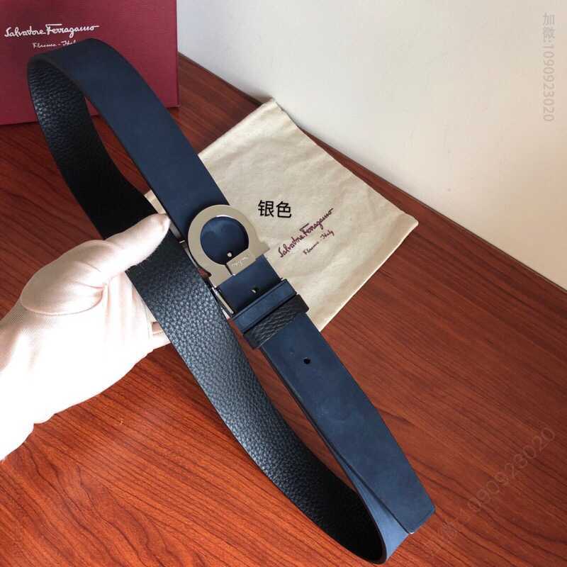 SalvatoreFerragamo菲拉格慕男士3.5cm专柜旋转金属夹扣头层牛皮甩纹绒面内衬腰带