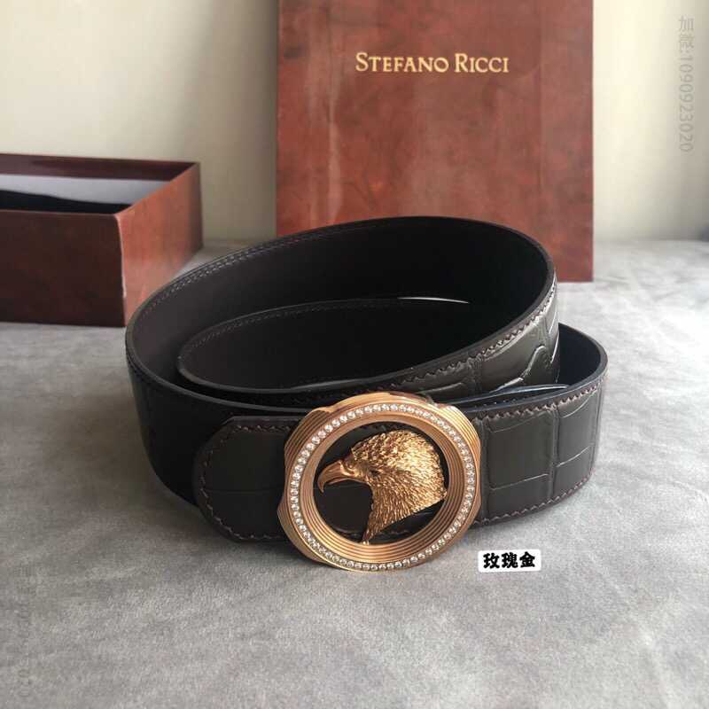STEFANORICCI史蒂芬.劳尼治专柜款精钢鹰头镶嵌钻扣3.8cm精仿鳄鱼皮腰带