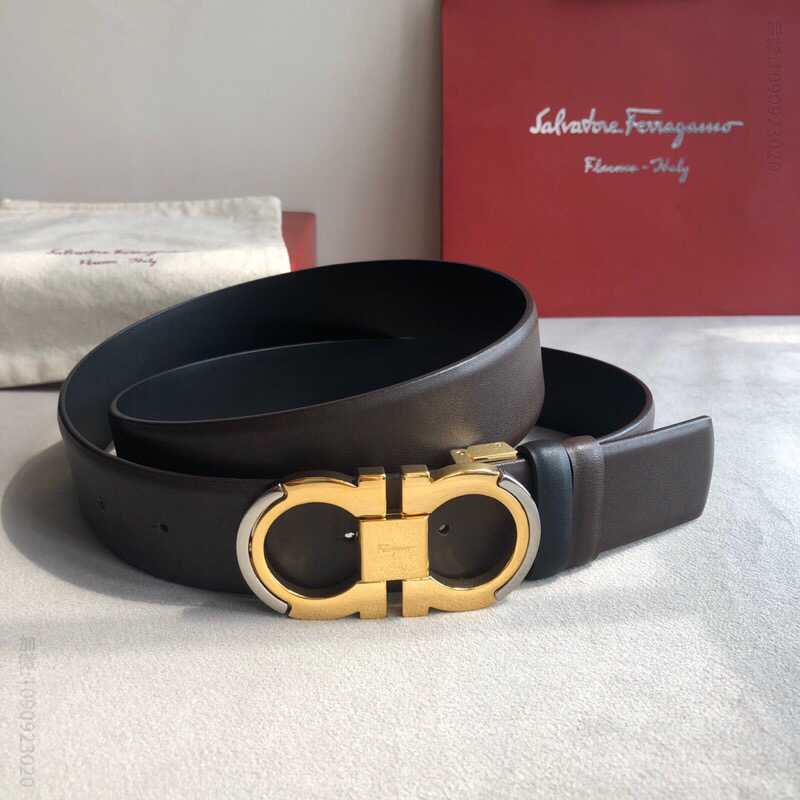 SalvatoreFerragamo菲拉格慕男士3.5cm经典专柜版型金属夹扣头层牛皮十字纹腰带