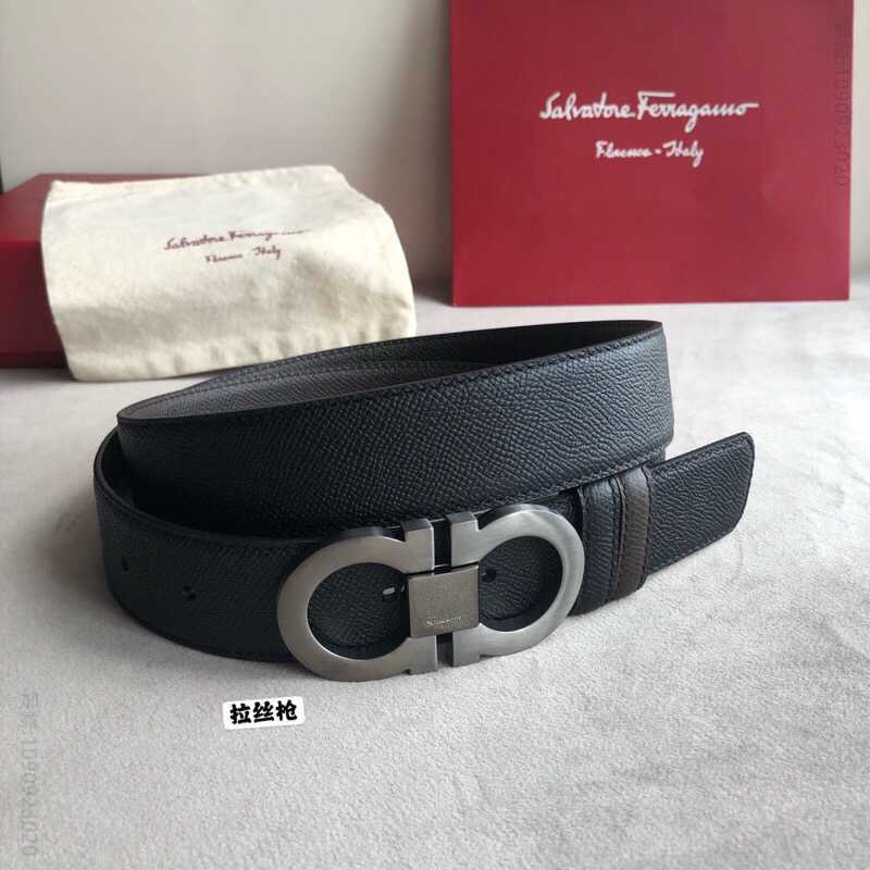 SalvatoreFerragamo菲拉格慕男士3.5cm经典专柜版型金属夹扣头层牛皮十字纹腰带