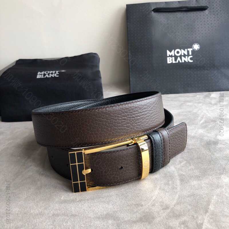 Montblanc万宝龙精致滴胶针式金属扣头层牛皮粒面双面男士腰带