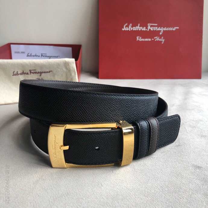 SalvatoreFerragamo菲拉格慕男士3.5cm针式扣，头层牛皮十字纹腰带