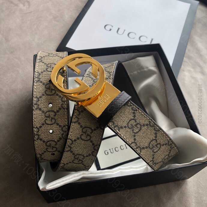 Gucci古驰男士双G旋转扣，PVC面料底皮头层牛皮双面腰带