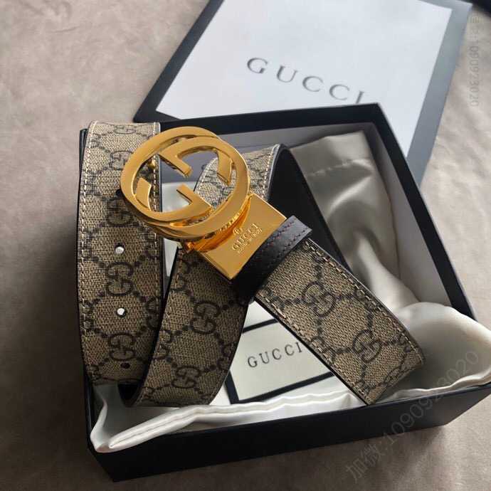 Gucci古驰男士双G旋转扣，PVC面料底皮头层牛皮双面腰带