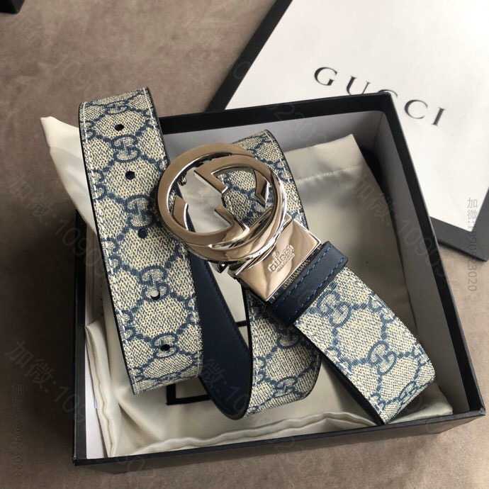 Gucci古驰男士双G旋转扣，PVC面料底皮头层牛皮双面腰带