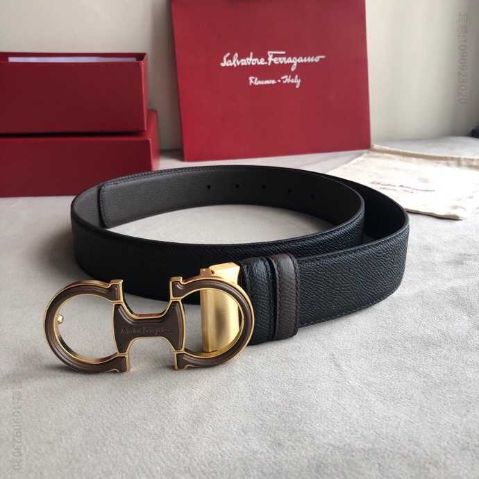 SalvatoreFerragamo菲拉格慕男士3.5cm精致双圈亚克力金属扣头层牛皮十字纹腰带