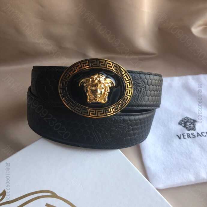 VERSACE范思哲精钢美杜莎树脂金属扣3.8cm男士黑色头层牛皮美杜莎标志...