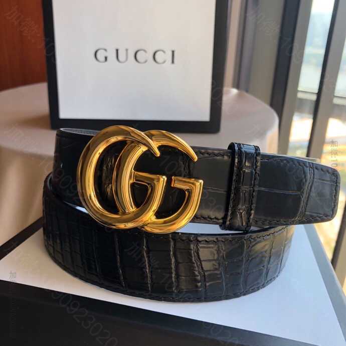 Gucci古驰头层牛皮压印鳄鱼纹理双面外用腰带