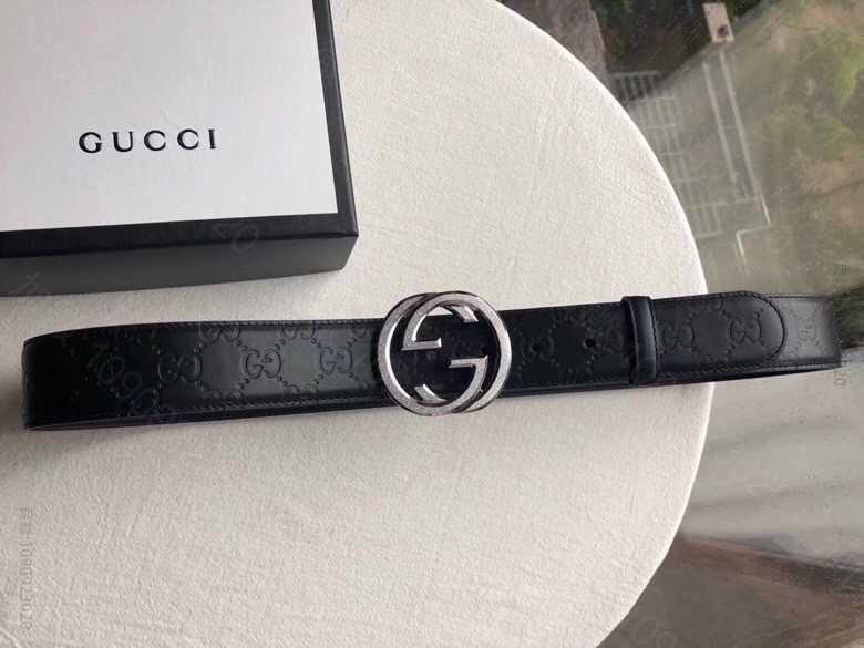 精仿古琦男士皮带 古琦男士皮带 GUCCI古驰Signature男士精钢双G滚砂金属扣压纹黑色头层牛皮腰带3.8cm 古琦皮带 