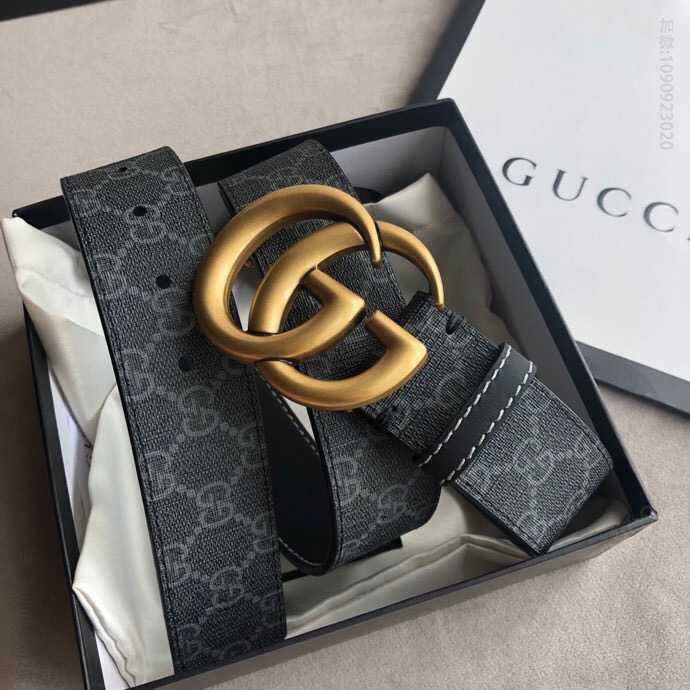 GUCCI古驰双G字母交织图案标志性乌木色男款腰带