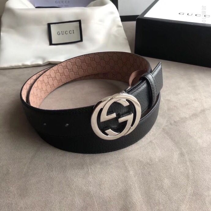 Gucci古驰新款3.5cm男女同款全皮黑色金扣银扣GG腰带
