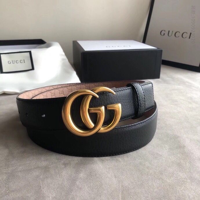 Gucci古驰新款3.5cm男女同款全皮黑色金扣银扣GG腰带