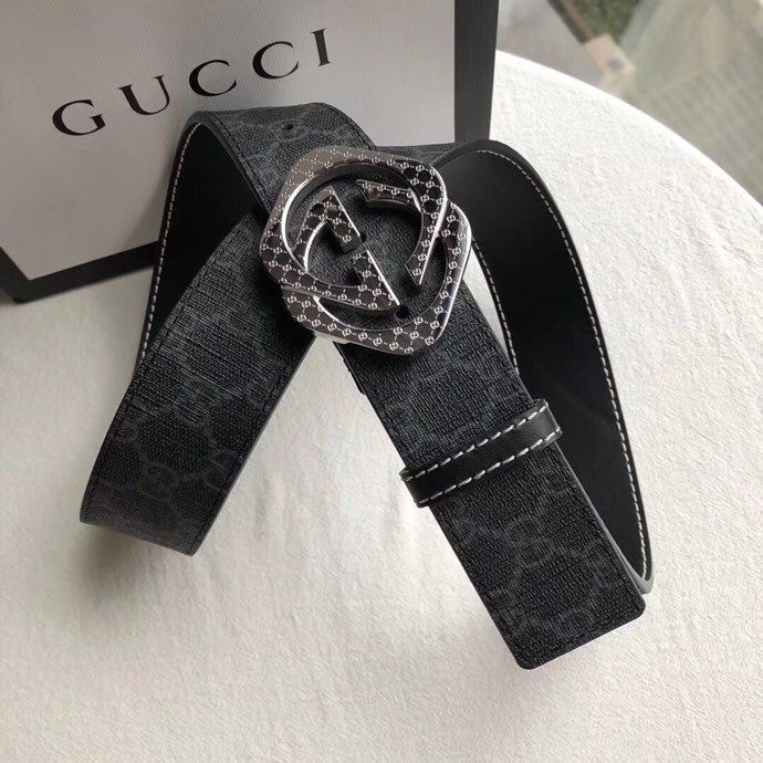古驰(Gucci)精钢金菱形花纹金属扣专柜PVC面料头层牛皮腰带3.8