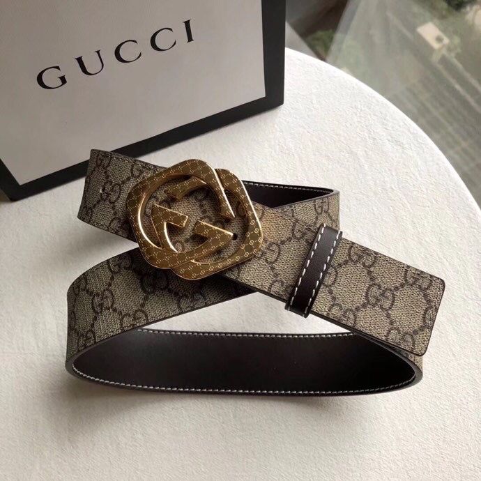 古驰(Gucci)精钢金菱形花纹金属扣专柜PVC面料头层牛皮腰带3.8