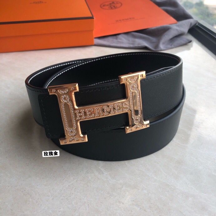 Hermes爱马仕 3.8cm精钢H镶嵌钻扣，搭配进口双面牛皮腰带