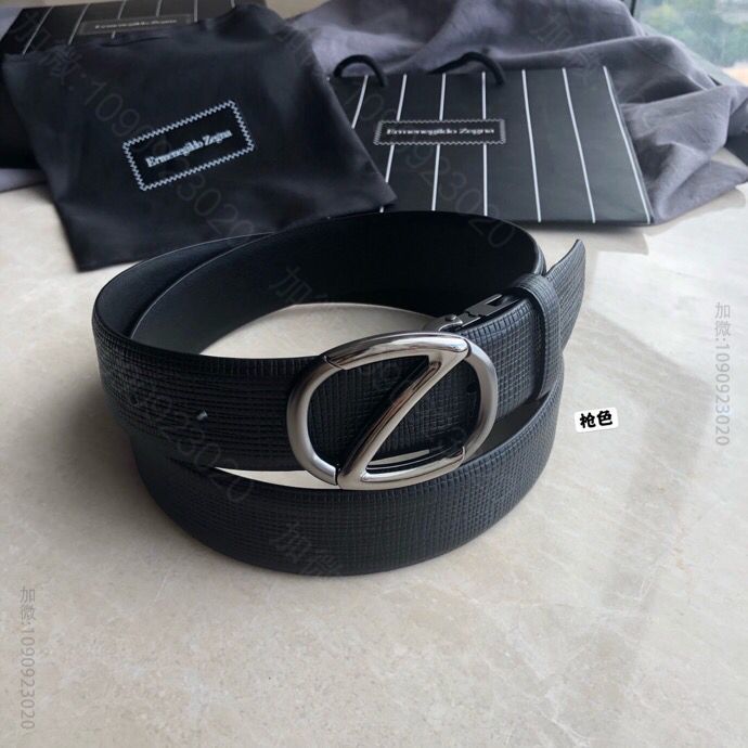 ZZEGNA杰尼亚男士黑色深棕色头层牛皮皮质十字纹理板扣腰带3.5cm