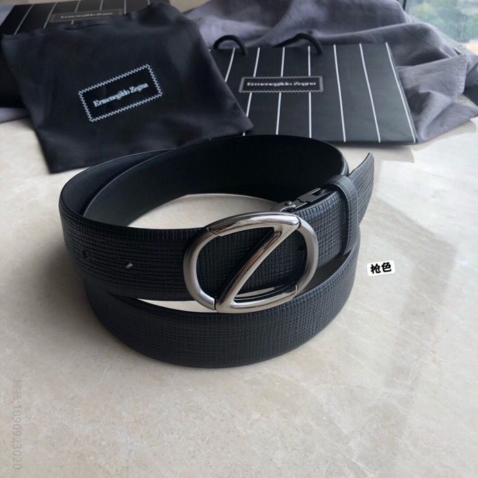 ZZEGNA杰尼亚男士黑色深棕色头层牛皮皮质十字纹理板扣腰带3.5cm