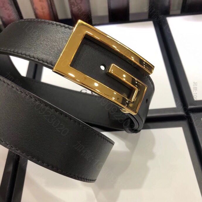 Gucci古驰3.5cm男女同款全皮黑色金扣银扣枪扣GG腰带