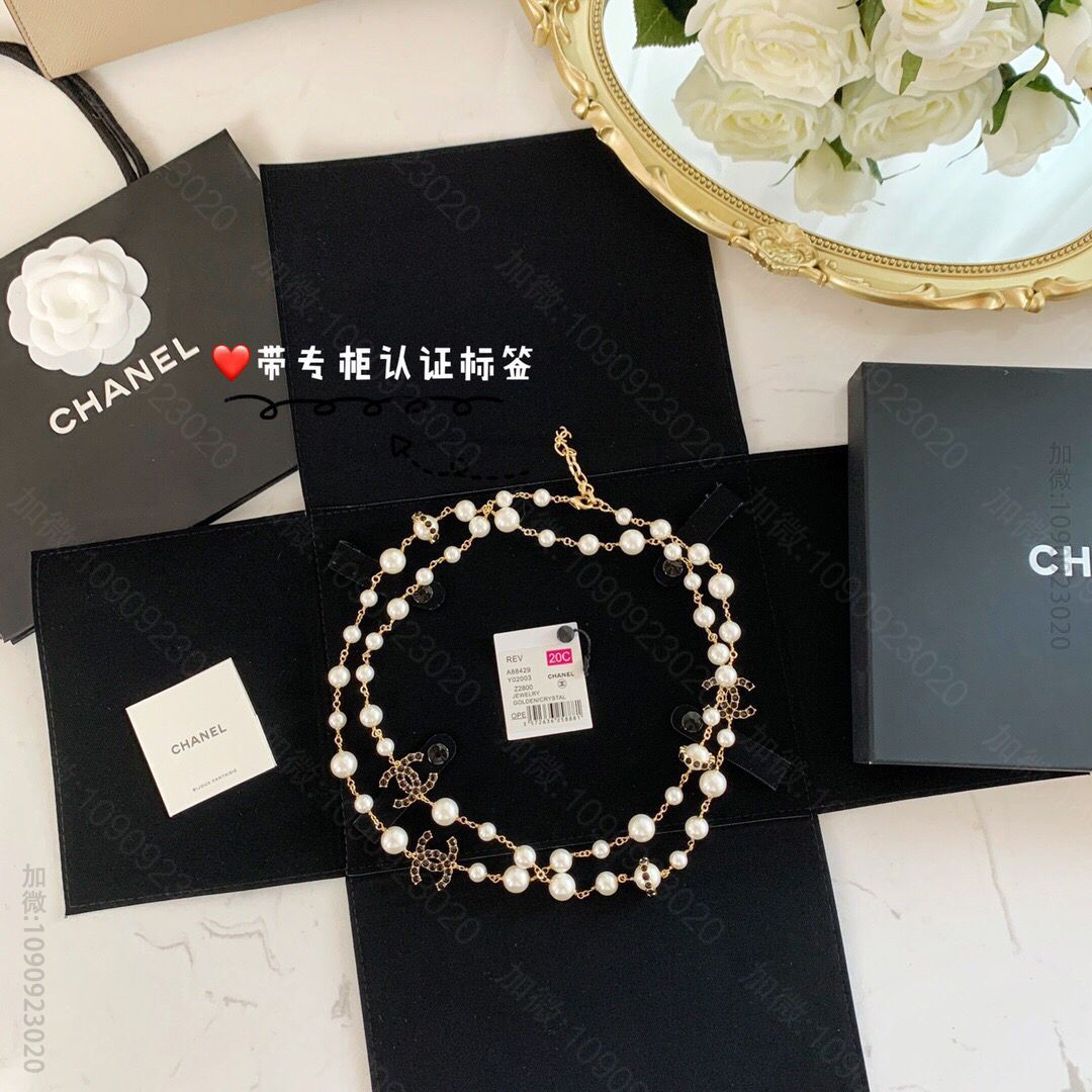 新款 CHANEL香奈儿黑钻双c珍珠项链毛衣链