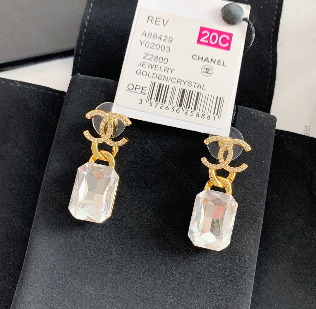 20新款CHANEL香奈儿双c方形水晶耳钉耳环