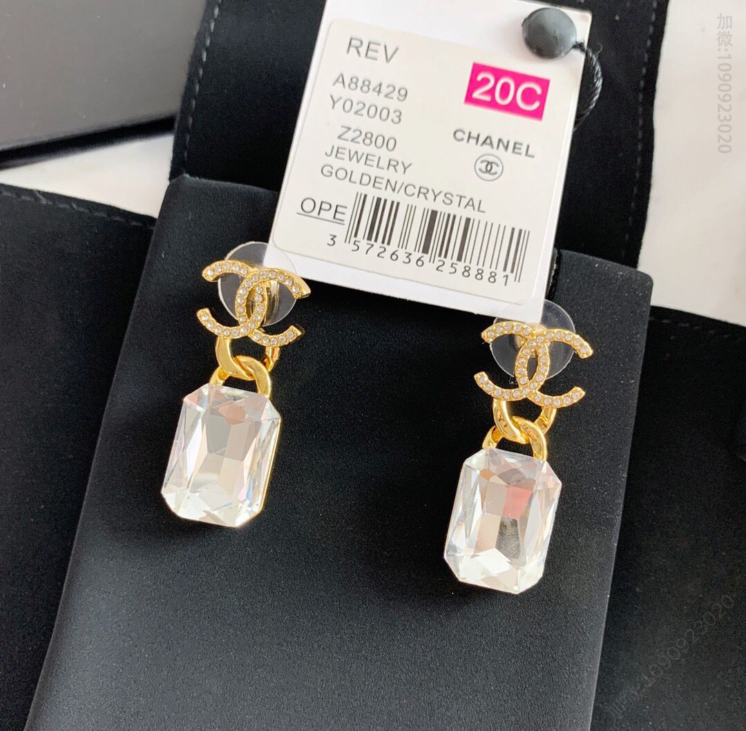 20新款CHANEL香奈儿双c方形水晶耳钉耳环