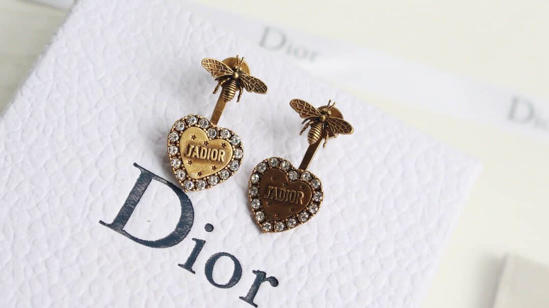 DIOR迪奥 专柜一致黄铜材质 JADIOR桃心蜜蜂短款耳钉 耳环
