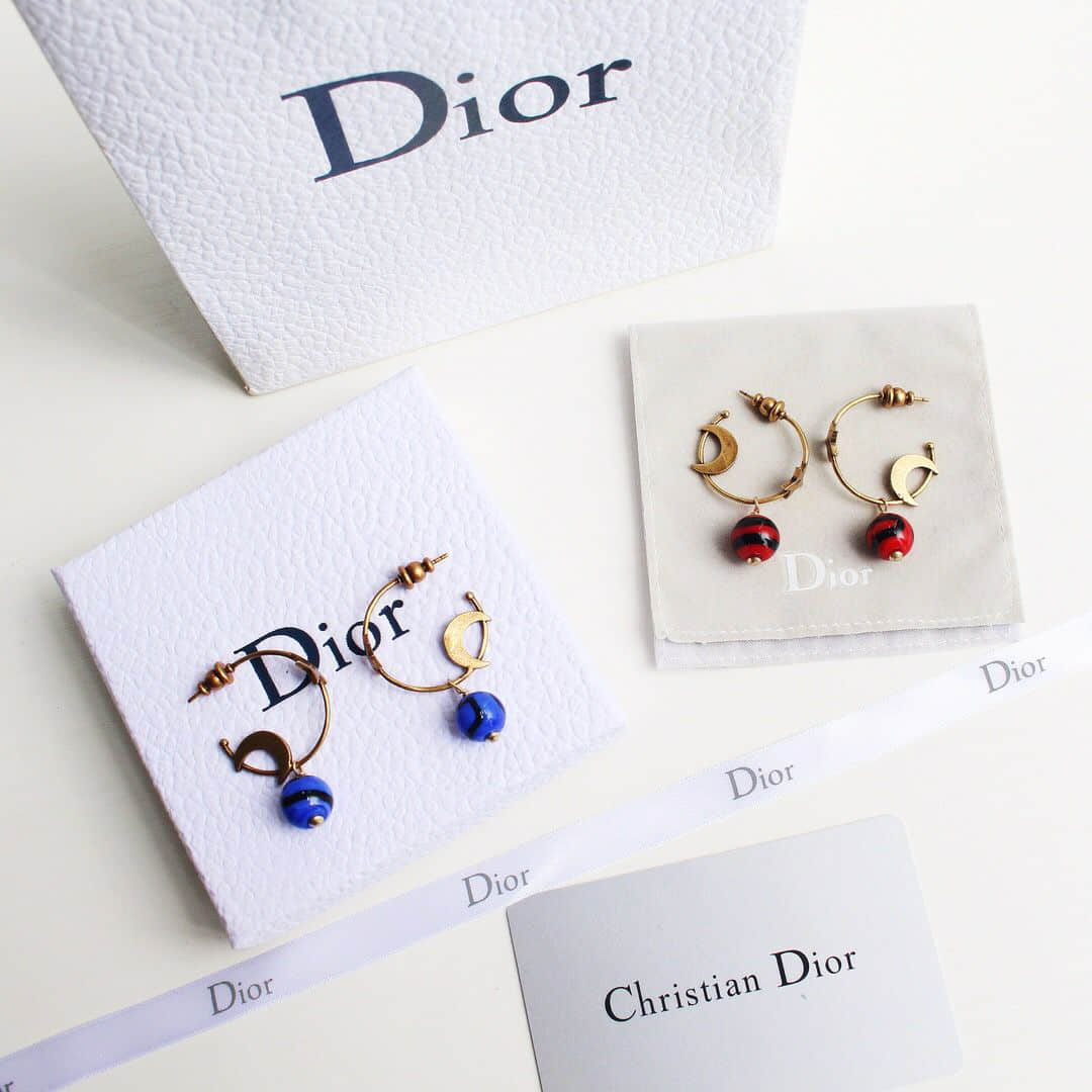 Dior迪奥 专柜一致黄铜材质 月亮星星耳钉耳环蓝色 红色