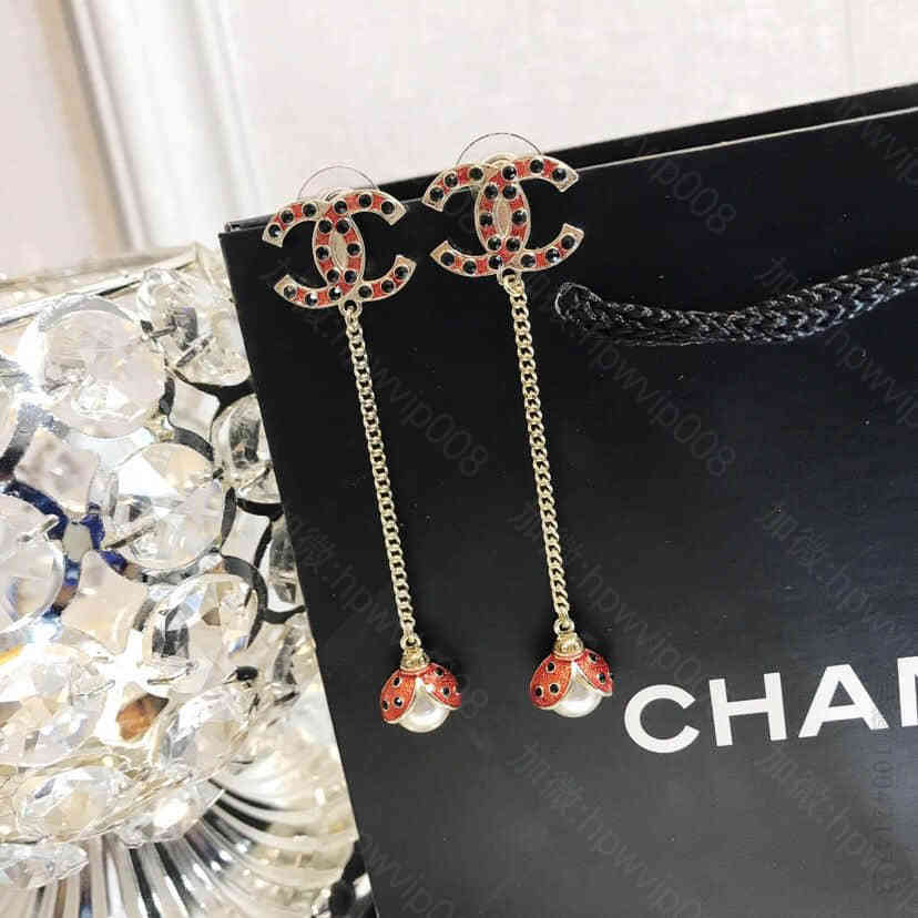 CHANEL香奈儿长款红双c瓢虫耳钉耳环 C40172 