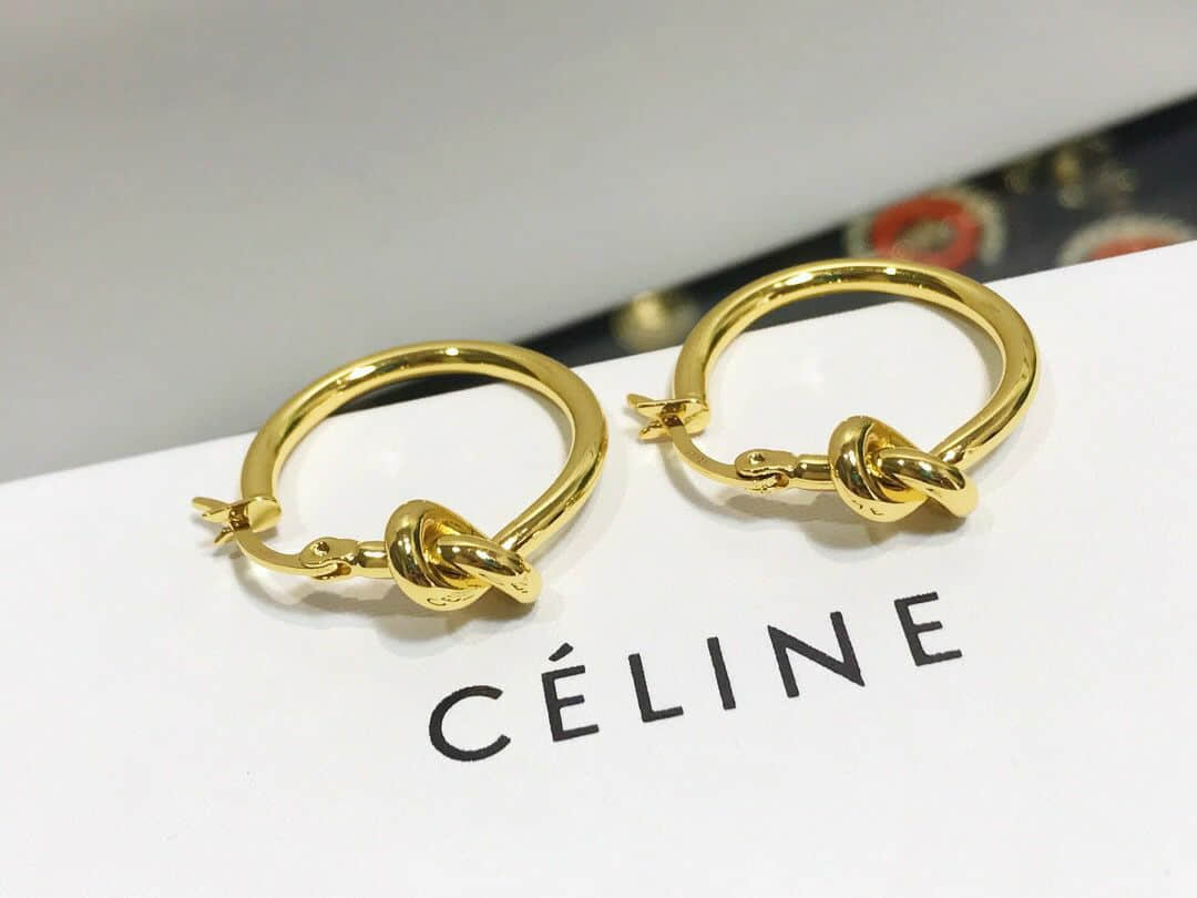 Celine赛琳 专柜一致黄铜材质电镀18k金打结耳环耳钉