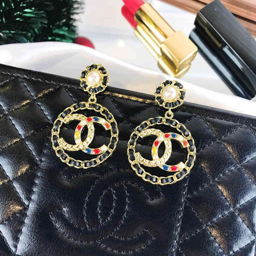 CHANEL香奈儿 专柜一致黄铜材质双c黑皮绳耳环耳钉