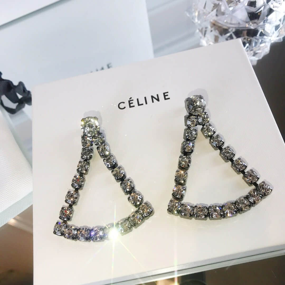 Celine 专柜一致黄铜材质电镀18k金 满钻扇子耳环耳钉