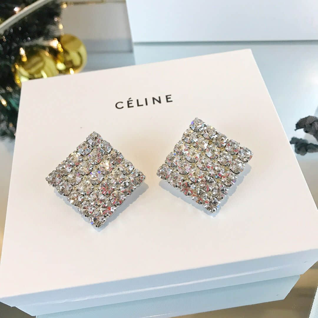 Celine 专柜一致黄铜材质电镀18k金 满钻方形耳环耳夹