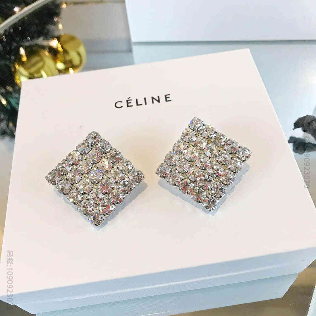Celine 专柜一致黄铜材质电镀18k金 满钻方形耳环耳夹