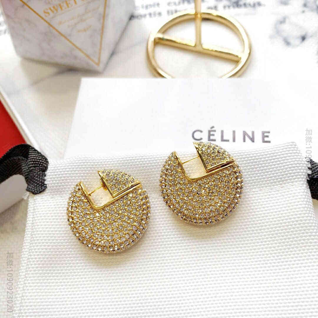 Celine 专柜一致黄铜材质电镀18k金赛琳满钻耳环耳钉