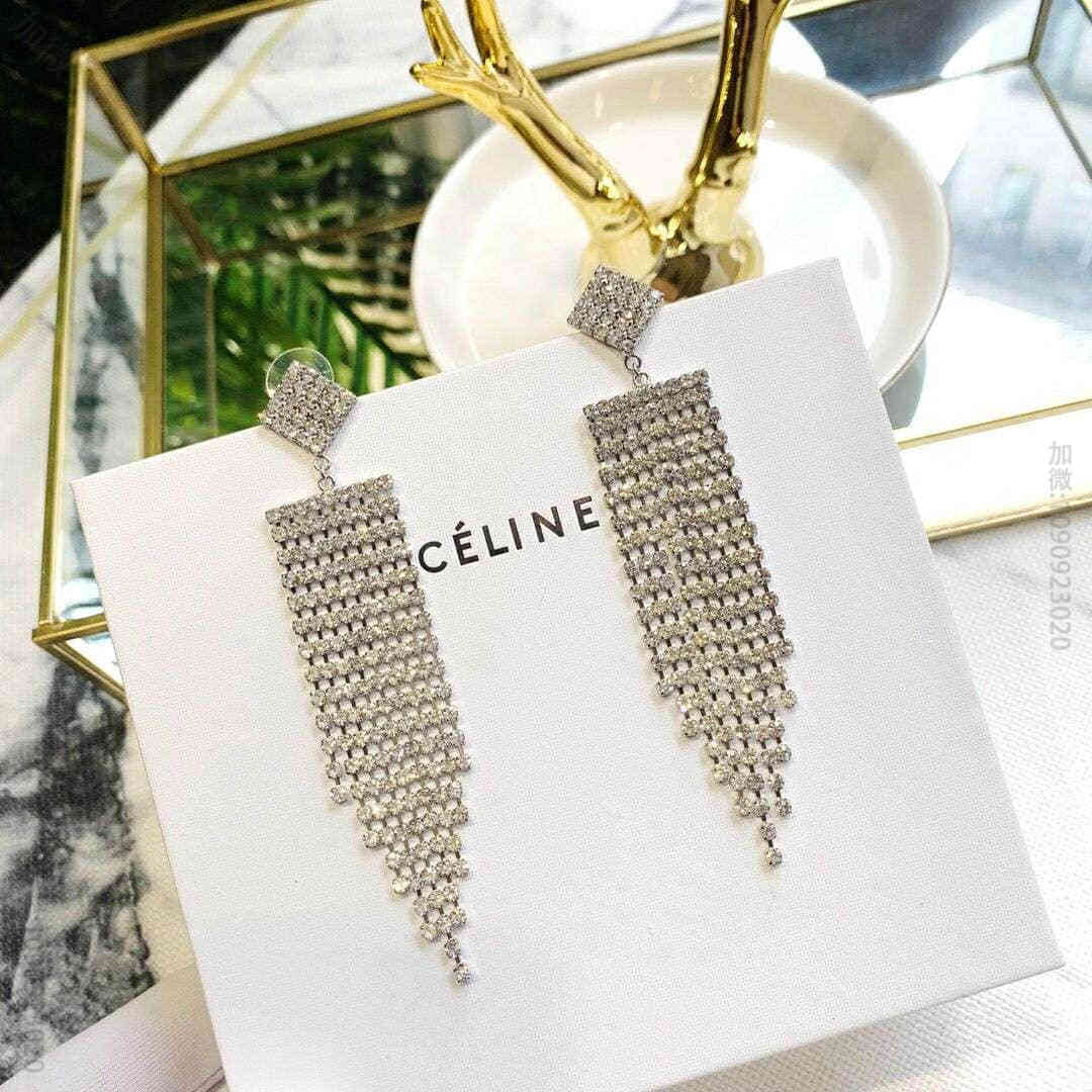 Celine 专柜一致黄铜材质 进口施华洛世奇水晶钻长流苏耳环耳钉