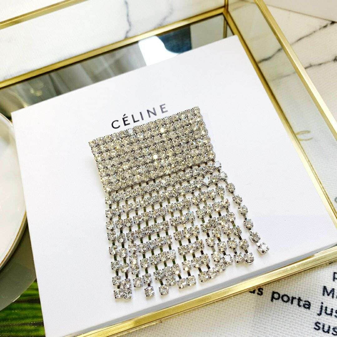 Celine 专柜一致黄铜材质 进口施华洛世奇水晶钻长流苏胸针
