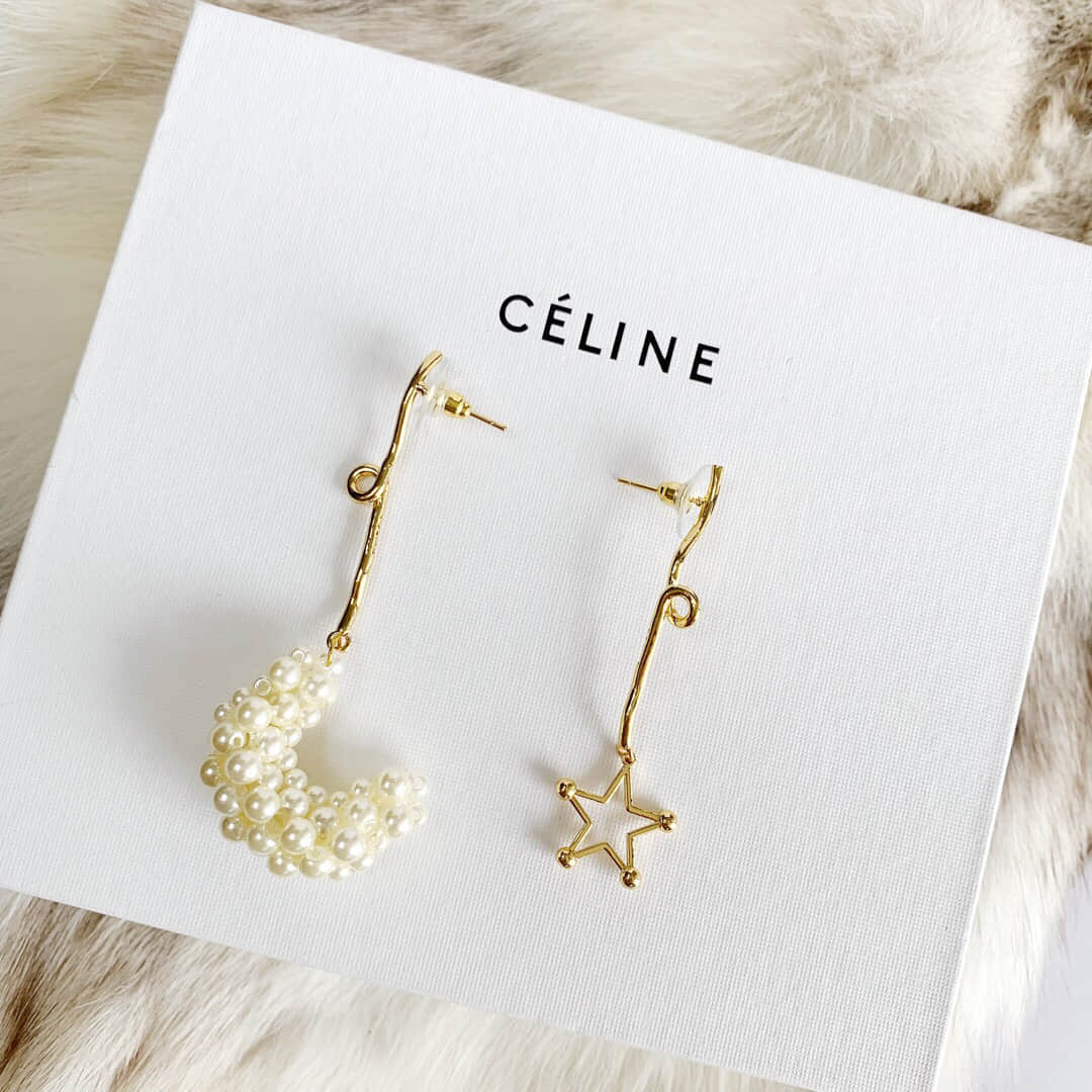 新款Celine赛琳珍珠月亮星星耳钉耳环