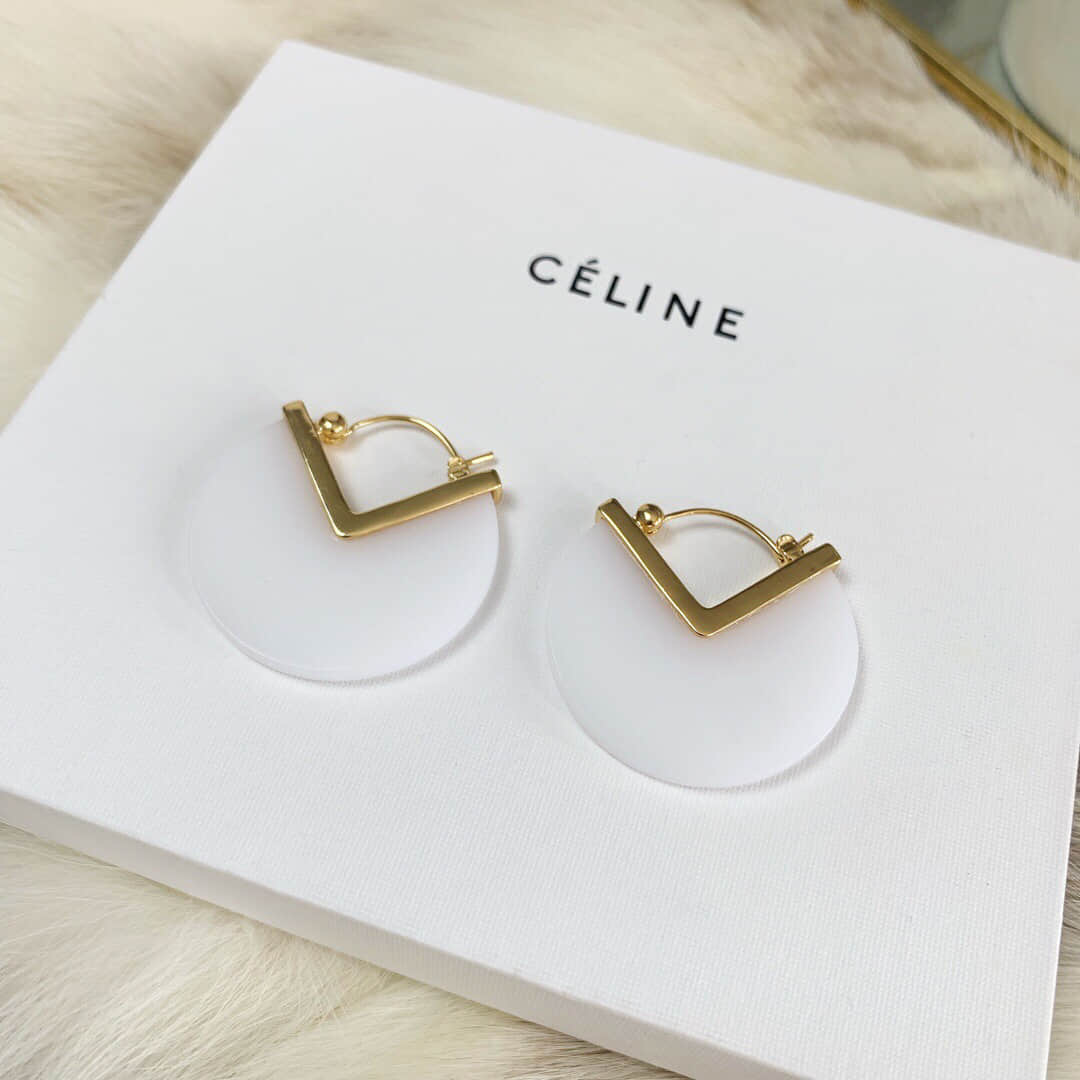 Celine亚克力板白色黄铜圈式耳环耳钉