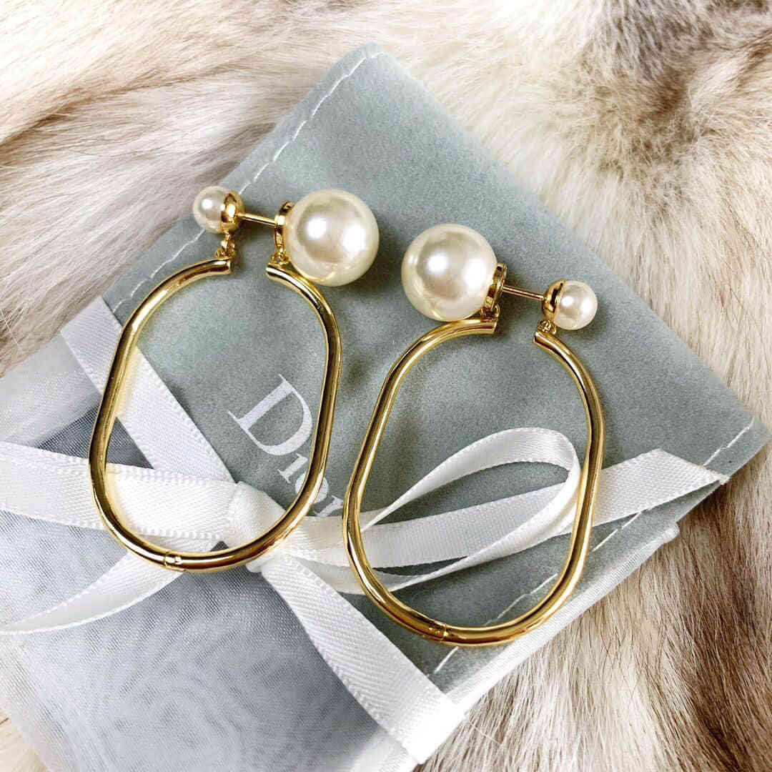 DIOR迪奥珍珠淡金色大圈耳钉耳环 原单迪奥耳钉网站 