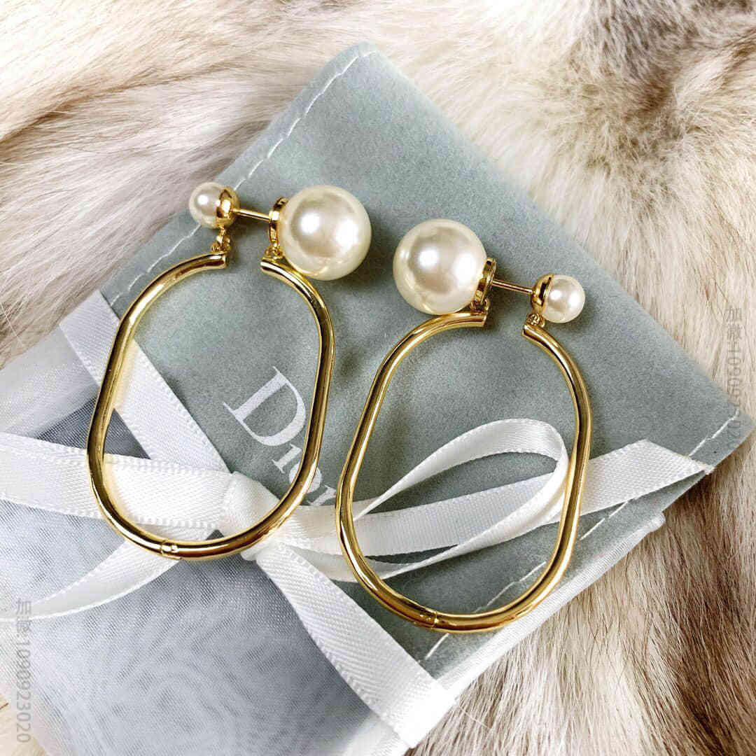 DIOR迪奥珍珠淡金色大圈耳钉耳环
