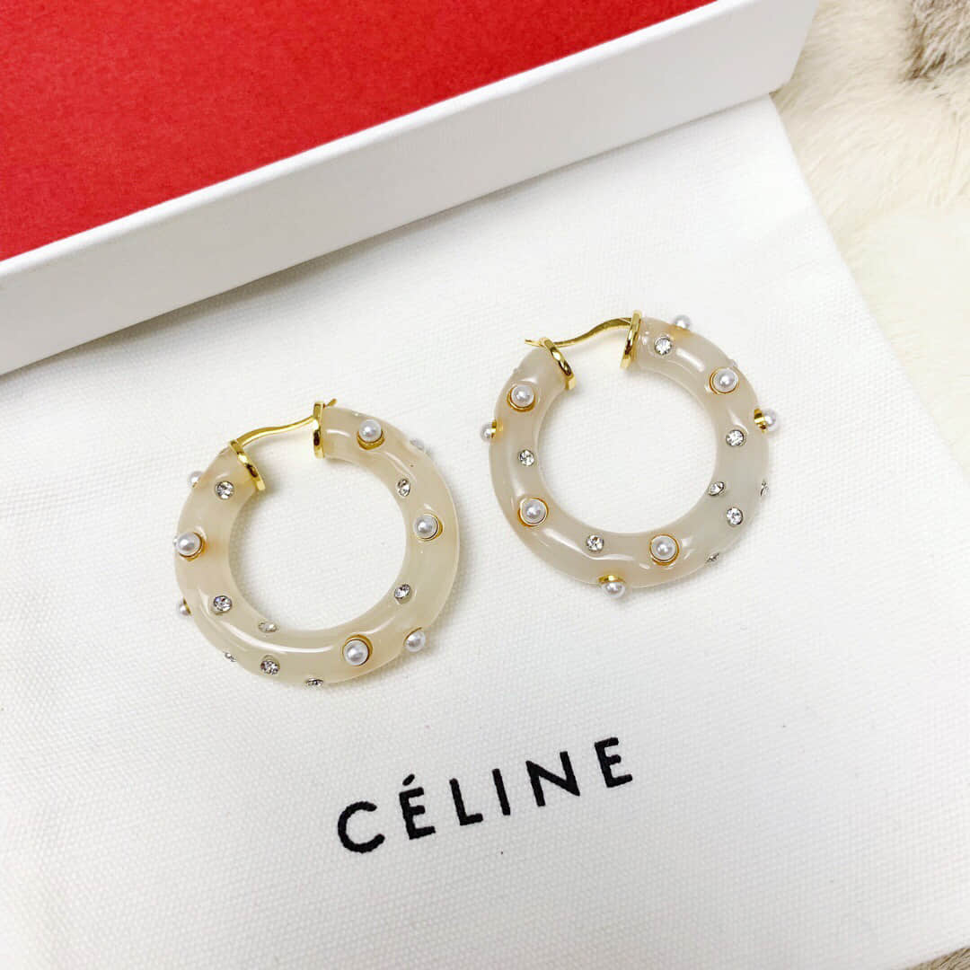新款Celine赛琳树脂镶钻珍珠耳钉耳环